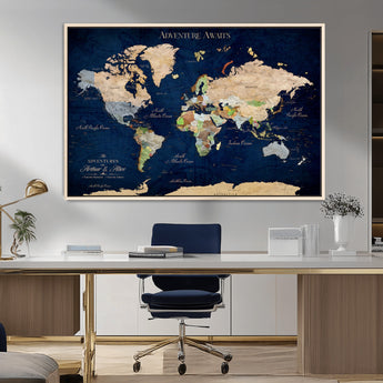 43160428-MGV-CV-36X24-Adventure Awaits Navy Blue World Map – Vibrant Travel Canvas Wall Art, Antique Atlas Print, Wanderlust Decor for Home Office