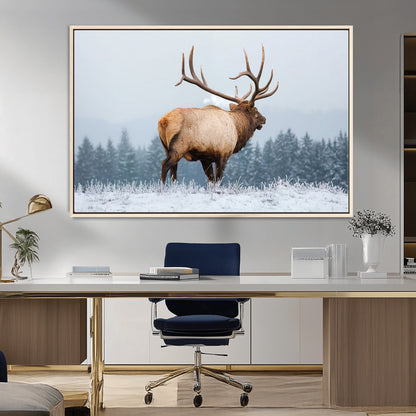 85177251-MGV-CV-36X24-Elk Wall Art – Majestic Wildlife Canvas Print of Bull Elk Snowy Forest, Rustic Nature Decor for Living Room, Cabin, or Office
