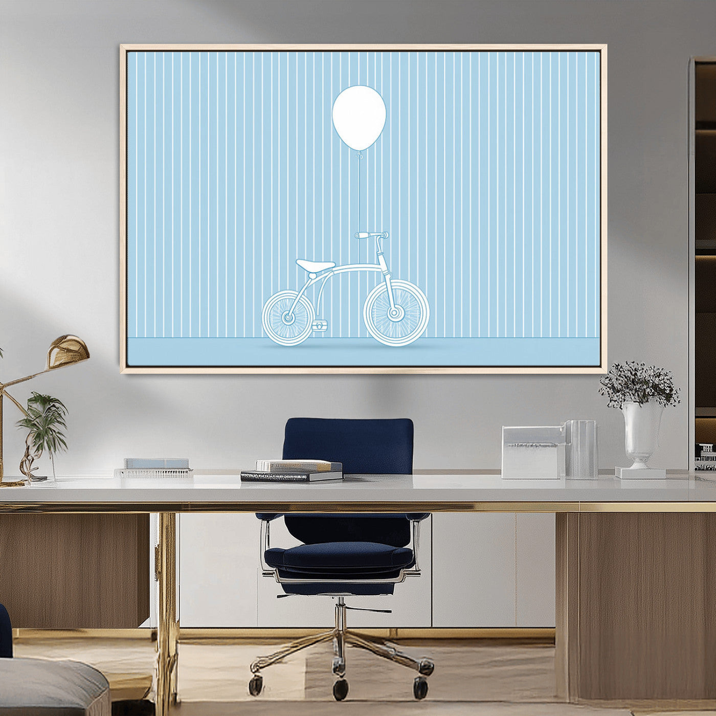 56479838-MGV-CV-36X24-Bicycle Wall Art – Minimalist Blue Canvas Print with Balloon Illustration, Modern Decor Artwork for Kids Room, Nursery, or Living