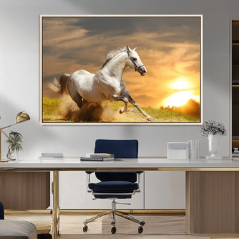 44295212-MGV-CV-36X24-Horse Wall Art – Running White Stallion Canvas Print with Sunset Background, Western Wildlife Decor for Living Room, Office, or