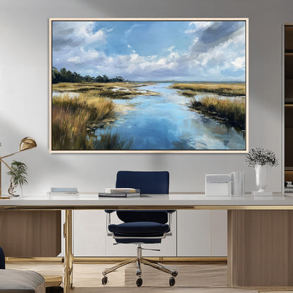 87082041-MGV-CV-36X24-Marshland Landscape Wall Art – Serene Nature Canvas Print with Blue Sky and Reflections, Tranquil Scenic Painting for Living Room,