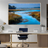 26300004-MGV-CV-36X24-Tranquil Marshland Canvas Wall Art – Blue Water, Reflective Sky, Golden Grasses, Calm Nature Landscape, Scenic Outdoor Beauty for
