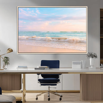 88024944-MGV-CV-36X24-Serene Ocean Waves Canvas Wall Art – Pastel Sky, Soft Sand Beach, Tranquil Seascape, Calm Water Coastal Nature, Relaxing Peaceful