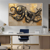 57944271-MGV-CV-36X24-Octopus Wall Art – Black and Gold Nautical Canvas Print, Modern Ocean Inspired Artwork with Elegant Detailing, Coastal Marine
