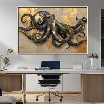 57944271-MGV-CV-36X24-Octopus Wall Art – Black and Gold Nautical Canvas Print, Modern Ocean Inspired Artwork with Elegant Detailing, Coastal Marine