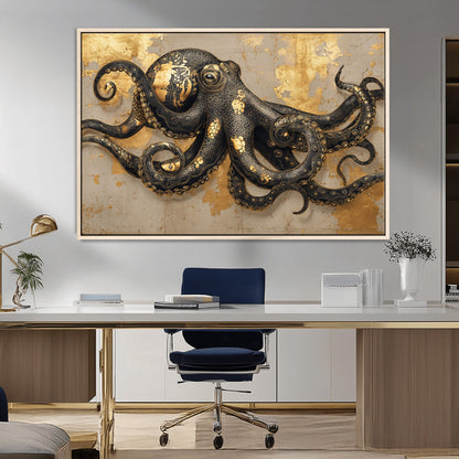 57944271-MGV-CV-36X24-Octopus Wall Art – Black and Gold Nautical Canvas Print, Modern Ocean Inspired Artwork with Elegant Detailing, Coastal Marine