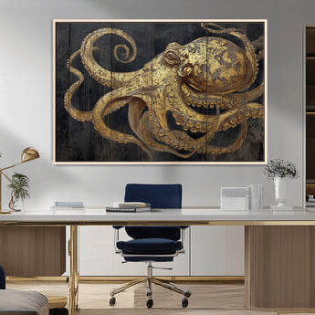 47056538-MGV-CV-36X24-Octopus Wall Art – Gold Nautical Canvas Print with Rustic Wood Texture, Marine Creature Artwork for Coastal Ocean Decoration in