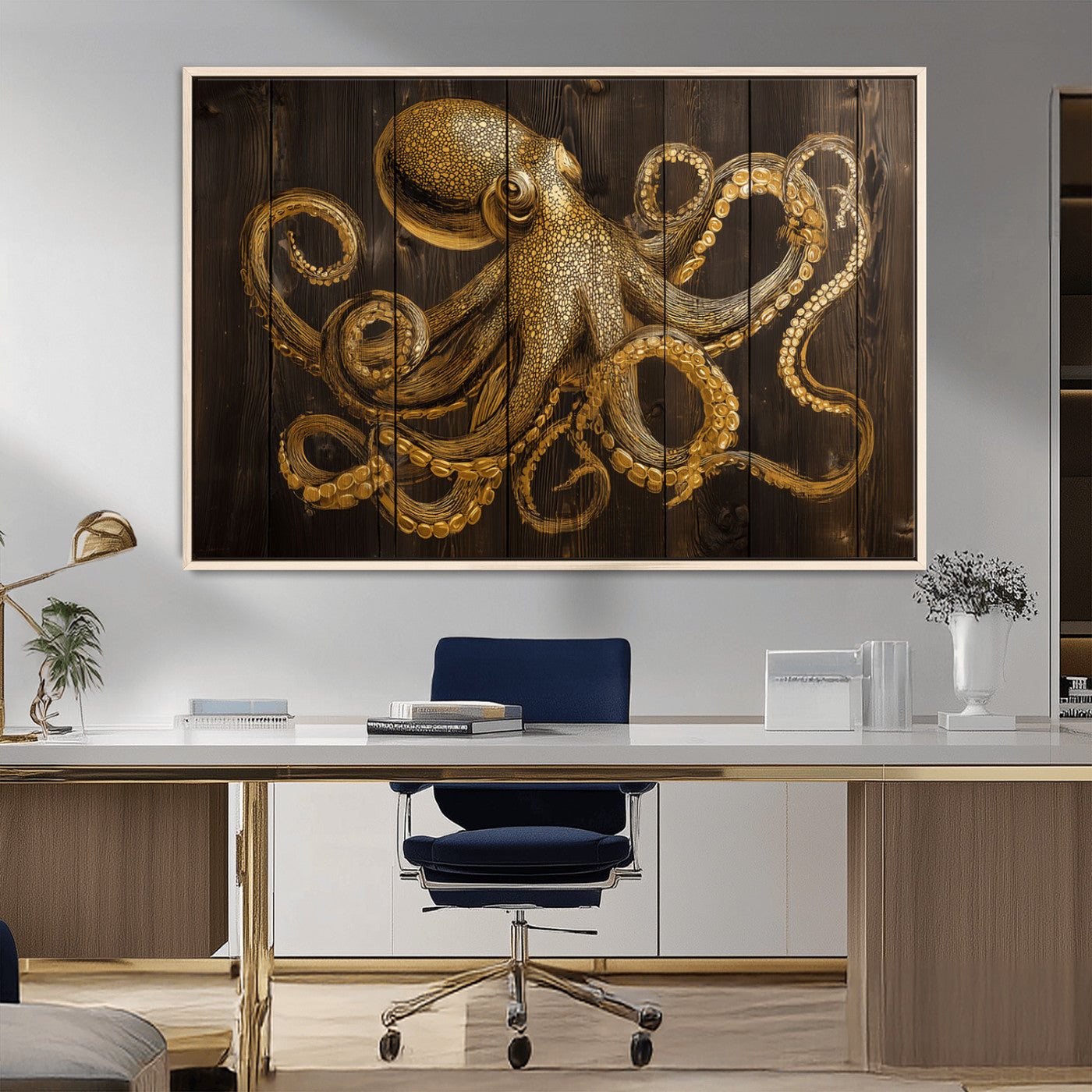 56769669-MGV-CV-36X24-Octopus Wall Art – Gold Nautical Canvas Print with Rustic Wood Panel Design, Detailed Marine Artwork for Coastal Ocean Decoration