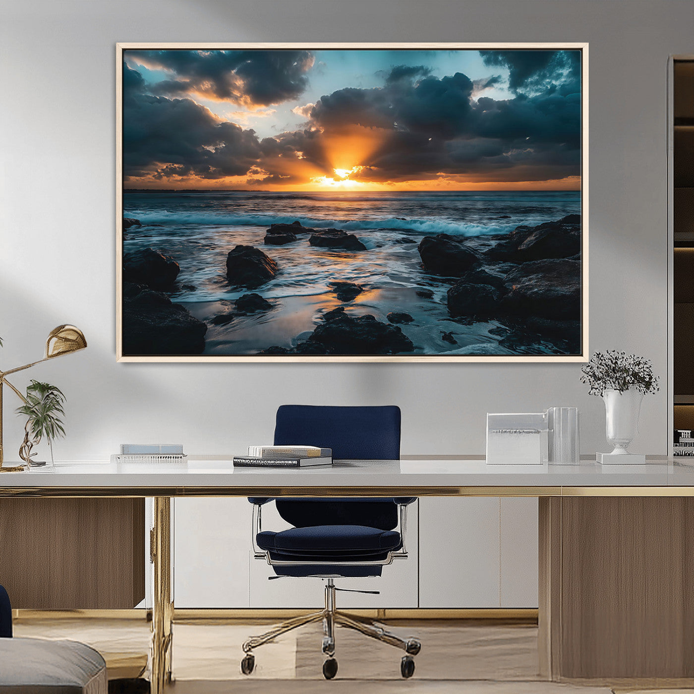 66040852-MGV-CV-36X24-Ocean Sunset Canvas Wall Art – Rocky Shore Waves, Dramatic Clouds, Golden Sun Rays, Coastal Nature, Serene Water Reflection for