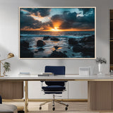 66040852-MGV-CV-36X24-Ocean Sunset Canvas Wall Art – Rocky Shore Waves, Dramatic Clouds, Golden Sun Rays, Coastal Nature, Serene Water Reflection for