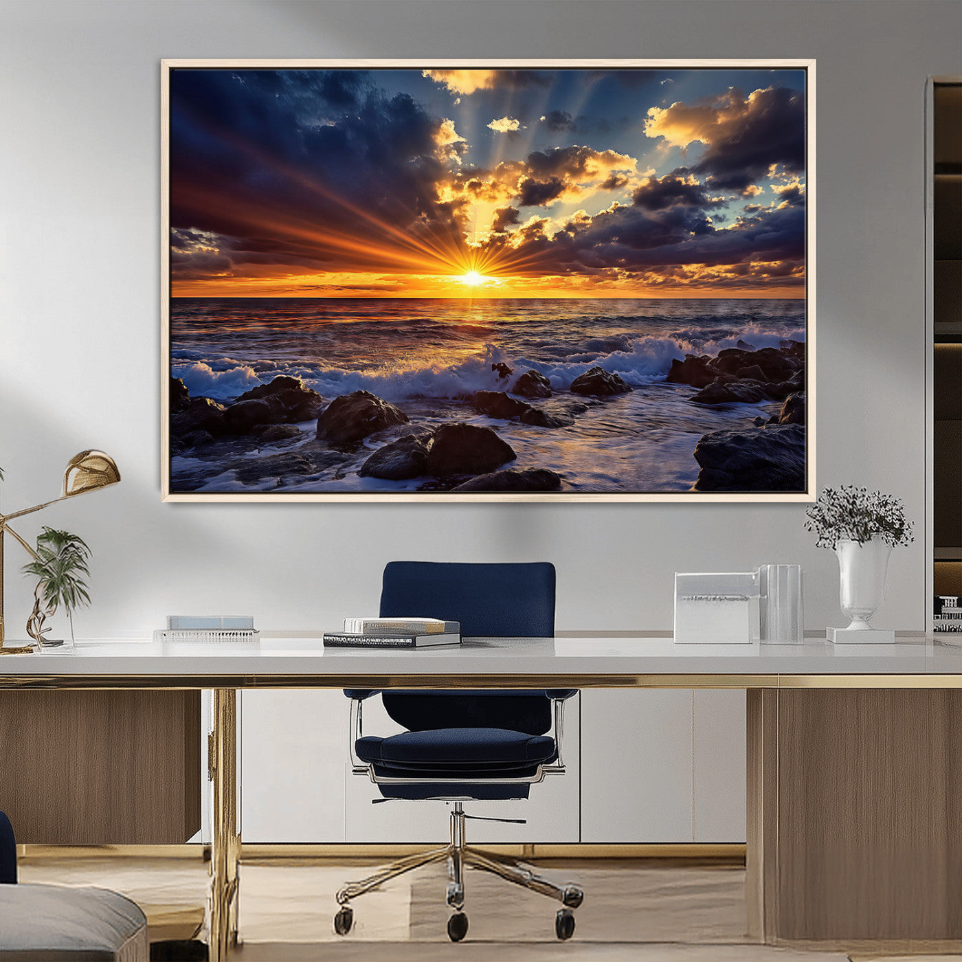 35900590-MGV-CV-36X24-Ocean Sunset Wall Art – Vivid Seascape Canvas Print with Sunburst Sky, Crashing Waves and Rocky Shore, Dramatic Coastal