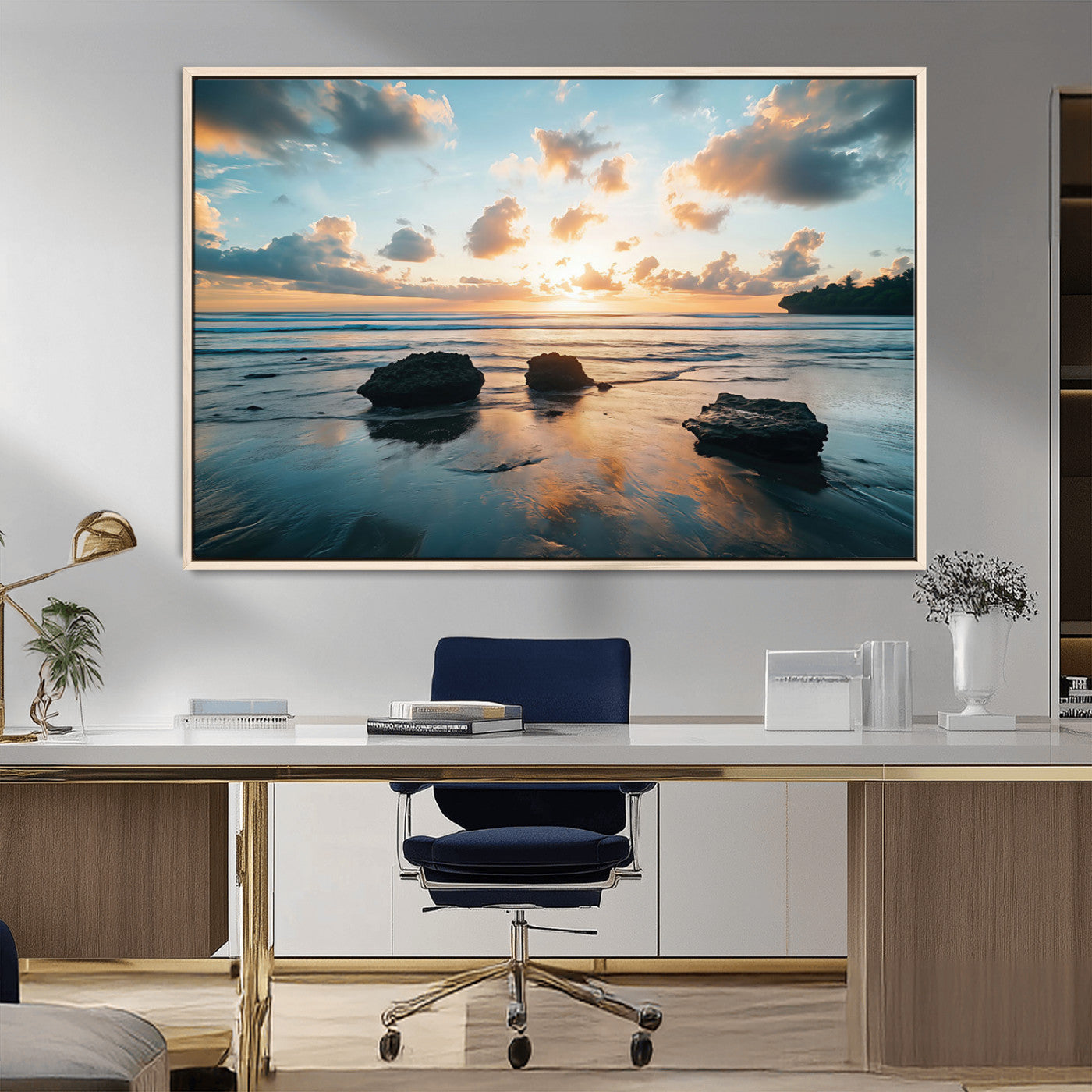 23879436-MGV-CV-36X24-Rocky Ocean Sunset Canvas Wall Art – Seaside Dramatic Seascape, Ocean Sunset Art Print for Coastal Modern Decor for Nature