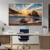 85659923-MGV-CV-36X24-Ocean Sunset Wall Art – Dramatic Seascape Canvas Print with Cliffs, Crashing Waves and Golden Sky, Bold Coastal Photography for