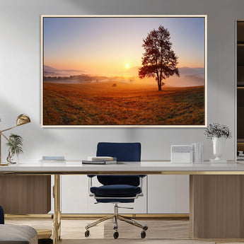 57919623-MGV-CV-36X24-Sunrise Landscape Wall Art – Golden Morning Canvas Print with Tree, Misty Hills and Open Field, Peaceful Nature Photography for