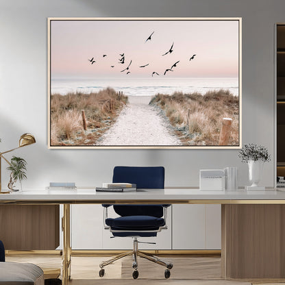 34632598-MGV-CV-36X24-Coastal Pathway Canvas Wall Art – Framed Seaside Landscape, Large Beach and Birds Canvas Print for Home, Office, or Living Room