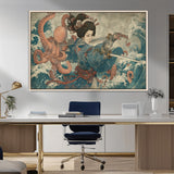 52037775-MGV-CV-36X24-Tsukioka Yoshitoshi Samurai Wall Art Print, Japanese Katana Warrior Canvas Wall Art, Octopus Sea Monster Canvas Print,
