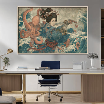 52037775-MGV-CV-36X24-Tsukioka Yoshitoshi Samurai Wall Art Print, Japanese Katana Warrior Canvas Wall Art, Octopus Sea Monster Canvas Print,