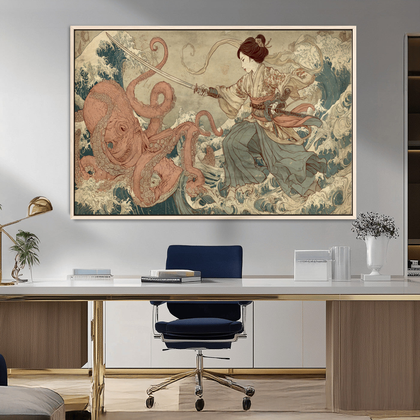 54879547-MGV-FC-36X24_Natural-Samurai Woman Wall Art – Japanese Ukiyo-e Style Canvas Print with Katana and Octopus, Traditional Asian Inspired Battle Artwork