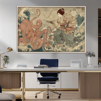 54879547-MGV-FC-36X24_Natural-Samurai Woman Wall Art – Japanese Ukiyo-e Style Canvas Print with Katana and Octopus, Traditional Asian Inspired Battle Artwork