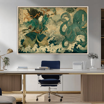 24416422-MGV-CV-36X24-Tsukioka Yoshitoshi Samurai Wall Art Print, Japanese Katana Warrior Canvas Wall Art, Octopus Sea Monster Canvas Print,