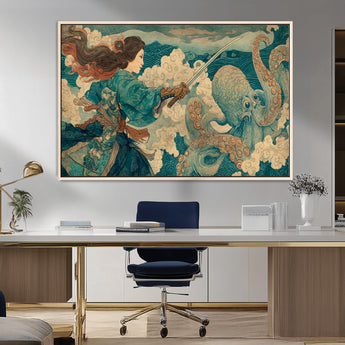 37943964-MGV-CV-36X24-Samurai Warrior vs Octopus Wall Art – Japanese Ukiyo-e Style Canvas Print, Ocean Battle Scene Artwork for Living Room, Office, Man