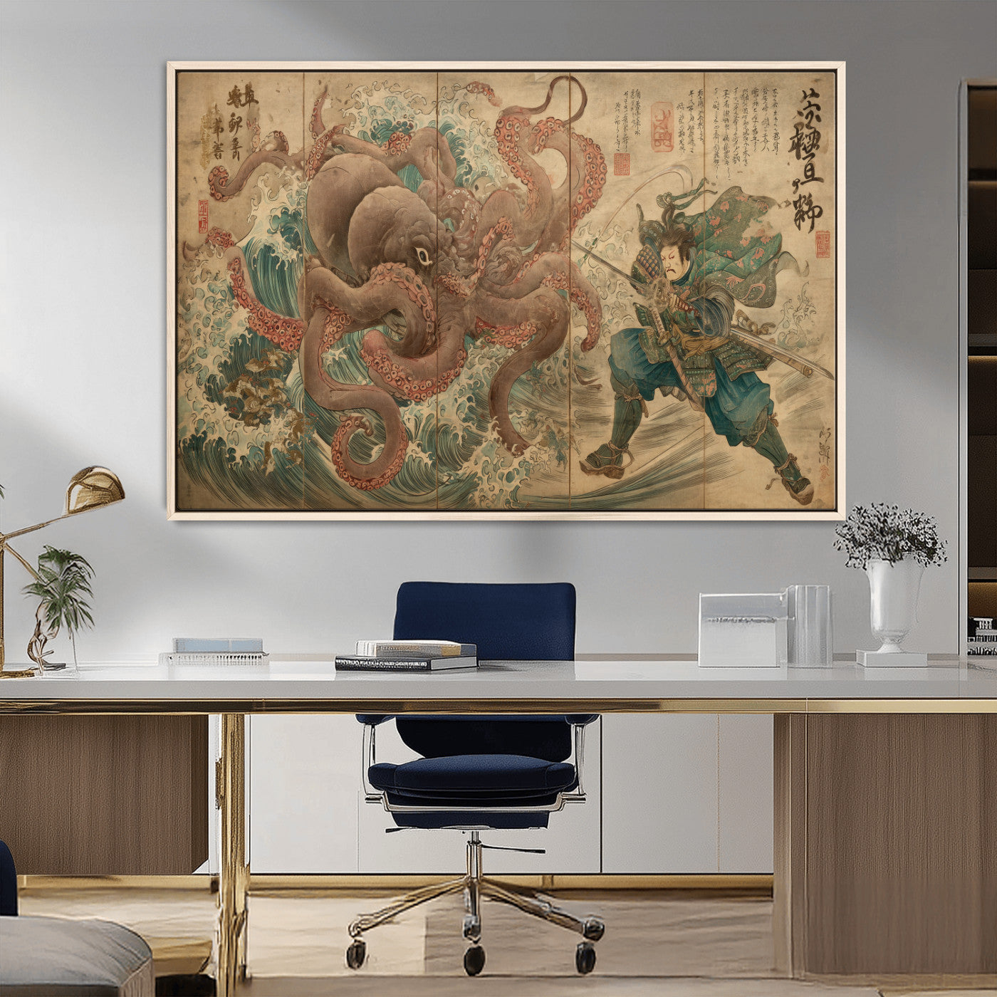 63782167-MGV-CV-36X24-Tsukioka Yoshitoshi Samurai Wall Art Print, Japanese Katana Warrior Canvas Wall Art, Octopus Sea Monster Canvas Print,