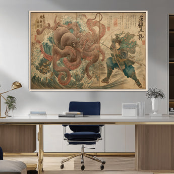 63782167-MGV-CV-36X24-Tsukioka Yoshitoshi Samurai Wall Art Print, Japanese Katana Warrior Canvas Wall Art, Octopus Sea Monster Canvas Print,