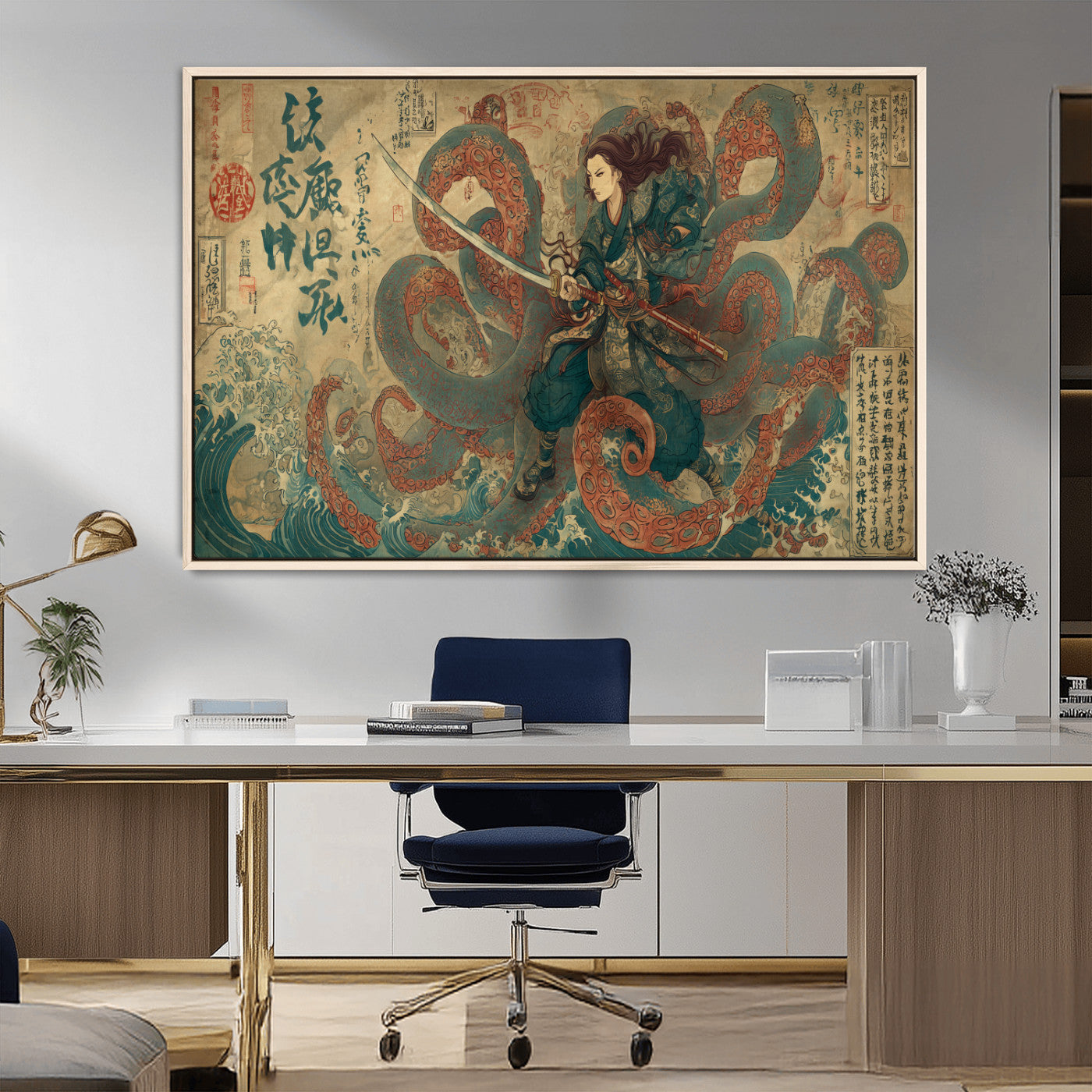 98593115-MGV-FC-36X24_Natural-Samurai Warrior vs Octopus Wall Art – Japanese Ukiyo-e Calligraphy Canvas Print, Ocean Battle Scene Artwork for Living Room,