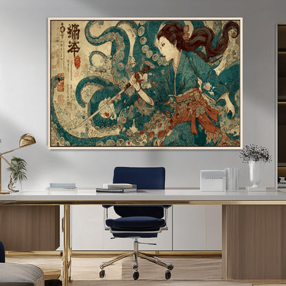 18575670-MGV-CV-36X24-Tsukioka Yoshitoshi Samurai Wall Art Print, Japanese Katana Warrior Canvas Wall Art, Octopus Sea Monster Canvas Print,