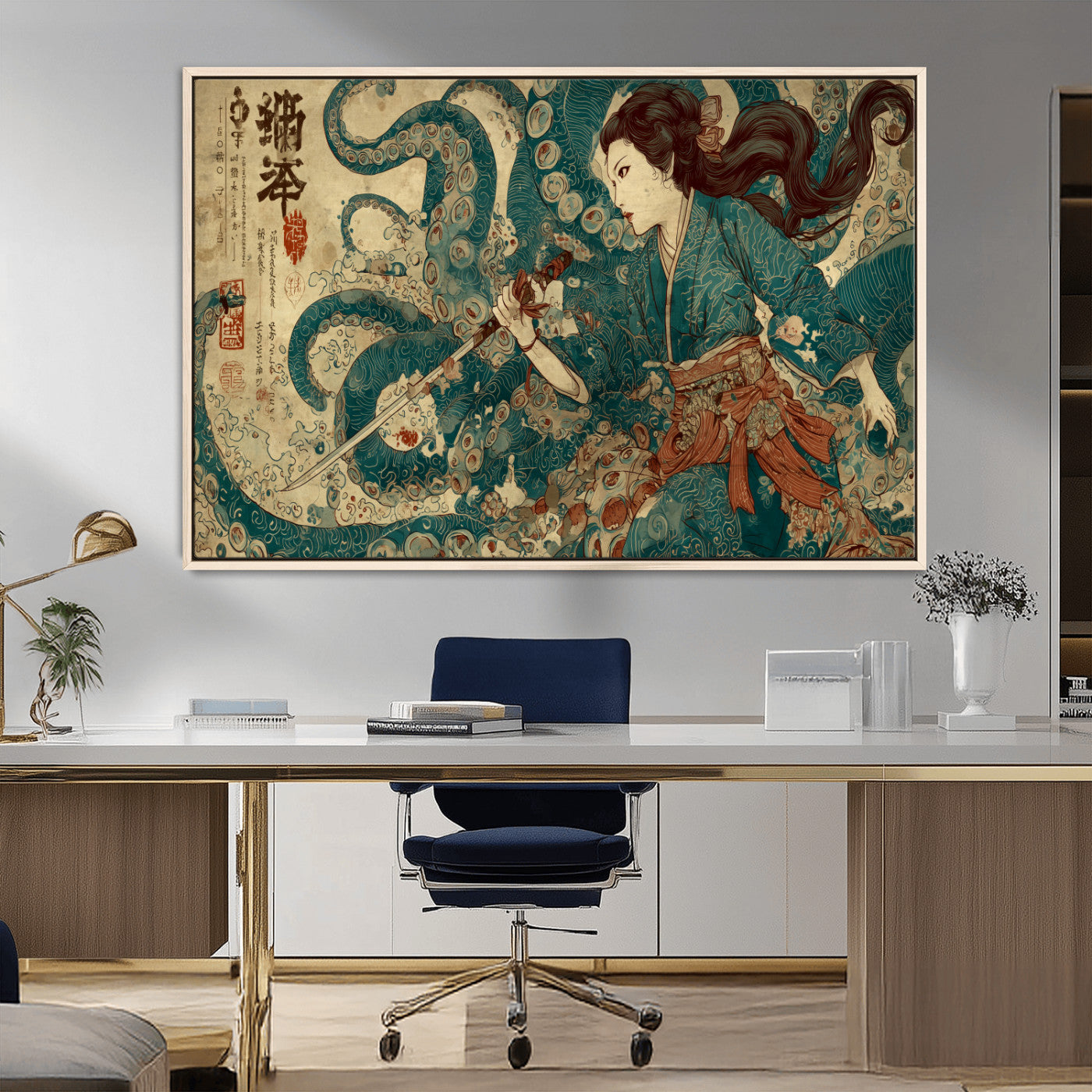 18575670-MGV-CV-36X24-Samurai Woman vs Octopus Wall Art – Japanese Ukiyo-e Ocean Battle Canvas Print, Traditional Warrior Artwork for Living Room,