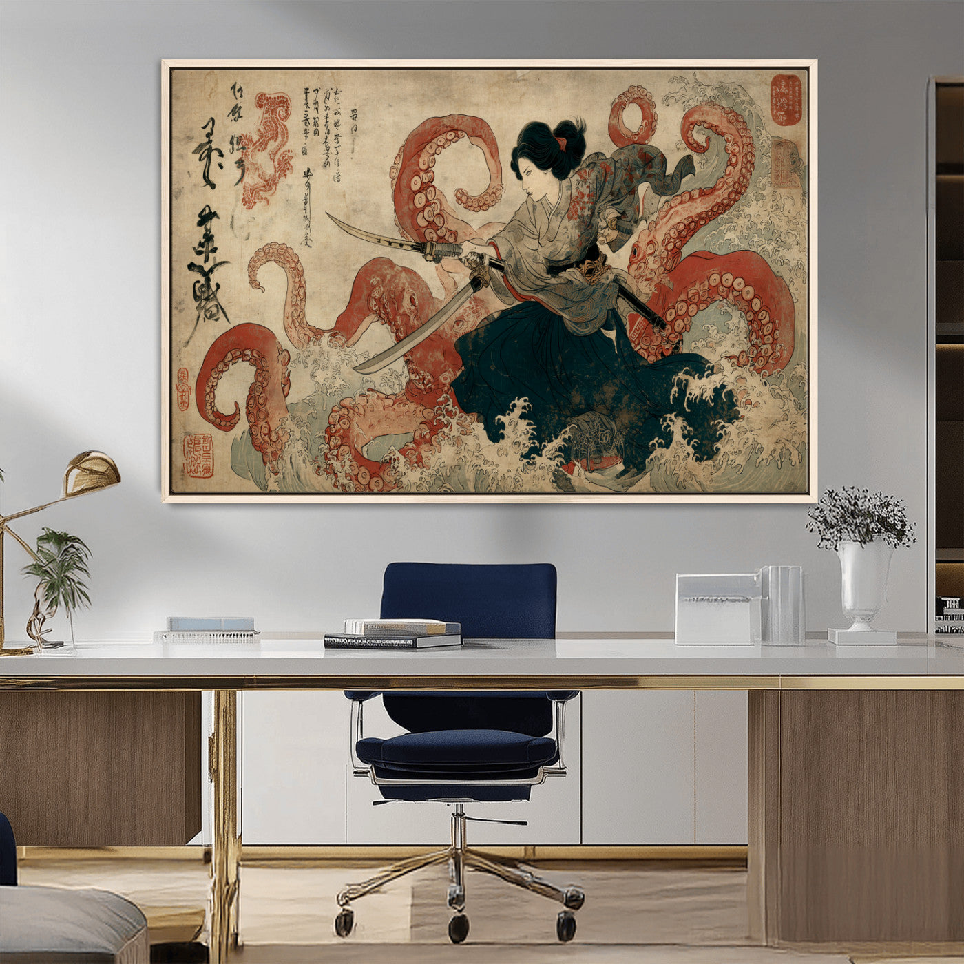 50812504-MGV-FC-36X24_Natural-Samurai Woman vs Octopus Wall Art – Japanese Ukiyo-e Red Tentacle Canvas Print, Ocean Battle Artwork for Living Room, Office, Man