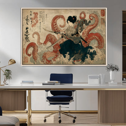 50812504-MGV-FC-36X24_Natural-Samurai Woman vs Octopus Wall Art – Japanese Ukiyo-e Red Tentacle Canvas Print, Ocean Battle Artwork for Living Room, Office, Man