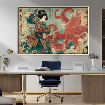 68844327-MGV-CV-36X24-Tsukioka Yoshitoshi Samurai Wall Art Print, Japanese Katana Warrior Canvas Wall Art, Octopus Sea Monster Canvas Print,