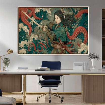 35461724-MGV-CV-36X24-Samurai Woman vs Octopus Wall Art – Japanese Ukiyo-e Ocean Waves Canvas Print, Red Tentacle Battle Artwork for Living Room,