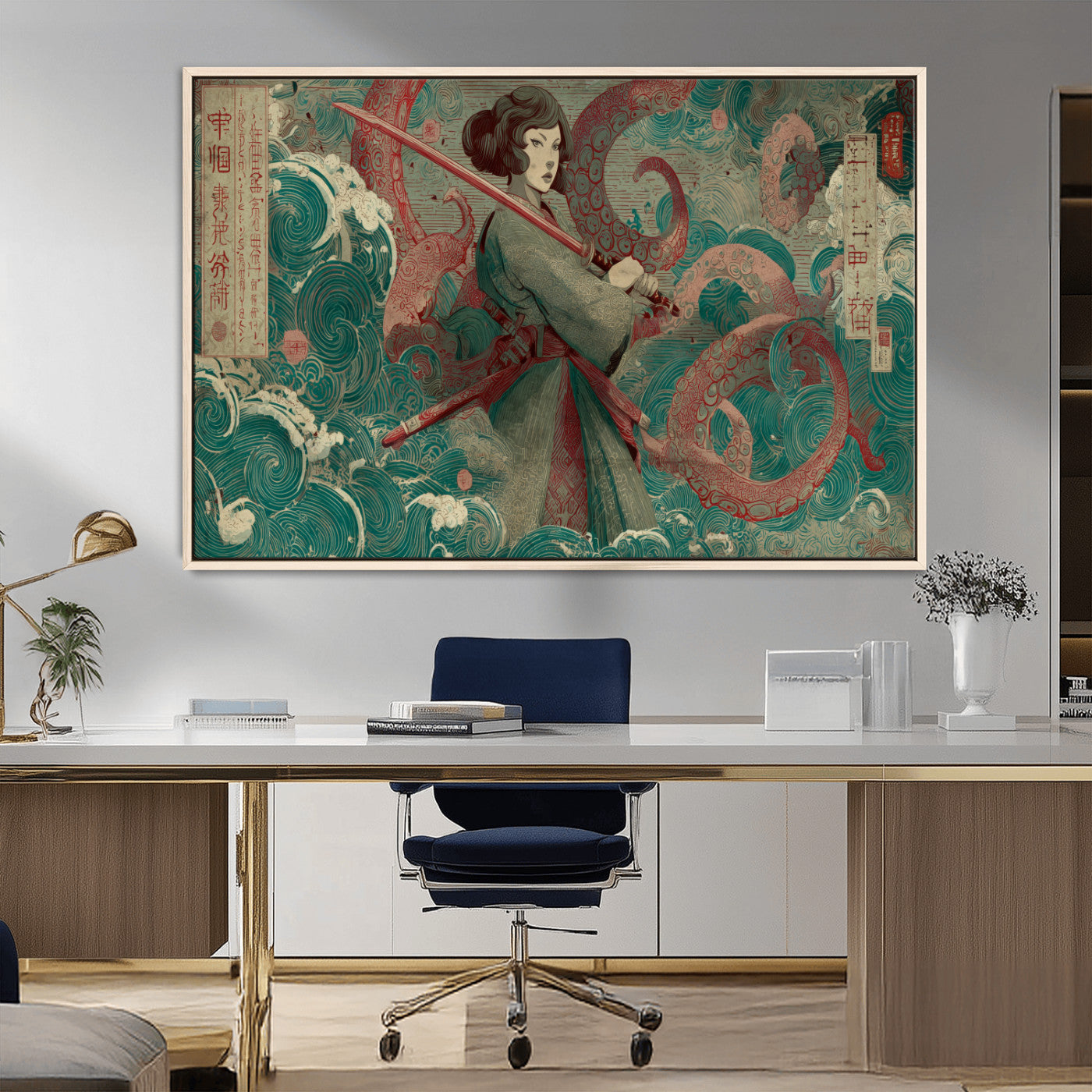 91666601-MGV-CV-36X24-Samurai Woman vs Octopus Wall Art – Japanese Ukiyo-e Green Robe Canvas Print, Ocean Battle Artwork for Living Room, Office, Man