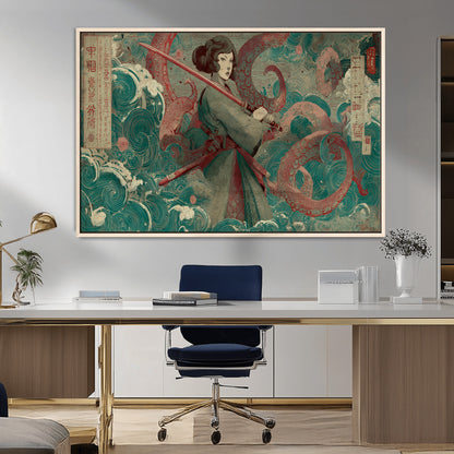 91666601-MGV-CV-36X24-Samurai Woman vs Octopus Wall Art – Japanese Ukiyo-e Green Robe Canvas Print, Ocean Battle Artwork for Living Room, Office, Man