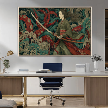 18902796-MGV-FC-36X24_Natural-Samurai Woman vs Octopus Wall Art – Japanese Ukiyo-e Green Kimono Canvas Print, Ocean Battle Scene Artwork for Living Room,