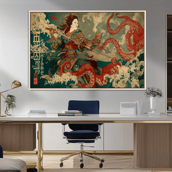 60201267-MGV-CV-36X24-Samurai Woman vs Octopus Wall Art – Japanese Ukiyo-e Armor Canvas Print, Red Tentacle Ocean Battle Artwork for Living Room,
