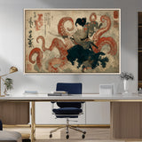 82737246-MGV-FC-36X24_Natural-Samurai Woman vs Octopus Wall Art – Japanese Ukiyo-e Dual Sword Canvas Print, Red Tentacle Ocean Battle Artwork for Living Room,