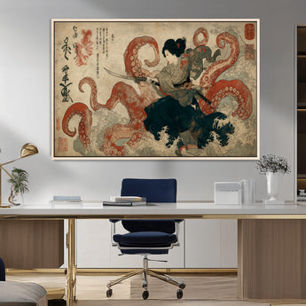 82737246-MGV-FC-36X24_Natural-Samurai Woman vs Octopus Wall Art – Japanese Ukiyo-e Dual Sword Canvas Print, Red Tentacle Ocean Battle Artwork for Living Room,