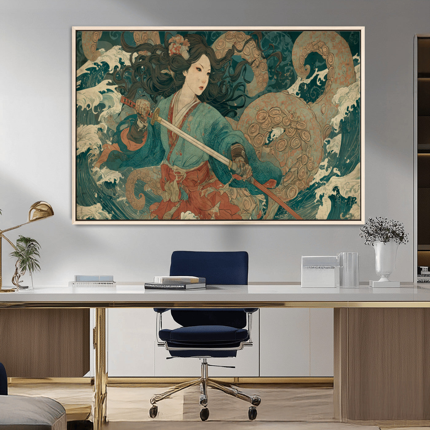 79740258-MGV-CV-36X24-Tsukioka Yoshitoshi Samurai Wall Art Print, Japanese Katana Warrior Canvas Wall Art, Octopus Sea Monster Canvas Print,