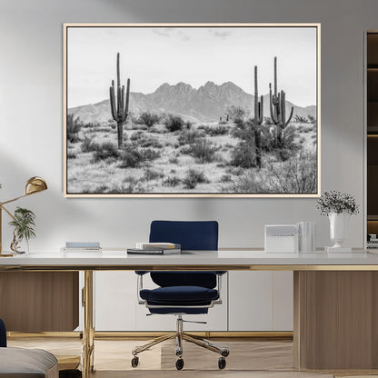 97436PHN-MGV-CV-36X24-Desert Landscape Wall Art – Black and White Cactus and Mountain Canvas Print, Southwestern Nature Photography for Living Room,