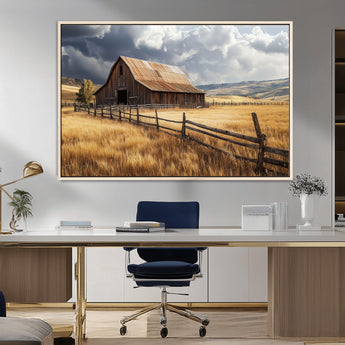 23718739-MGV-FC-36X24_Natural-Farmhouse Wall Art – Rustic Barn and Golden Wheat Field Canvas Print, Country Landscape Photography Decor for Bedroom, Living