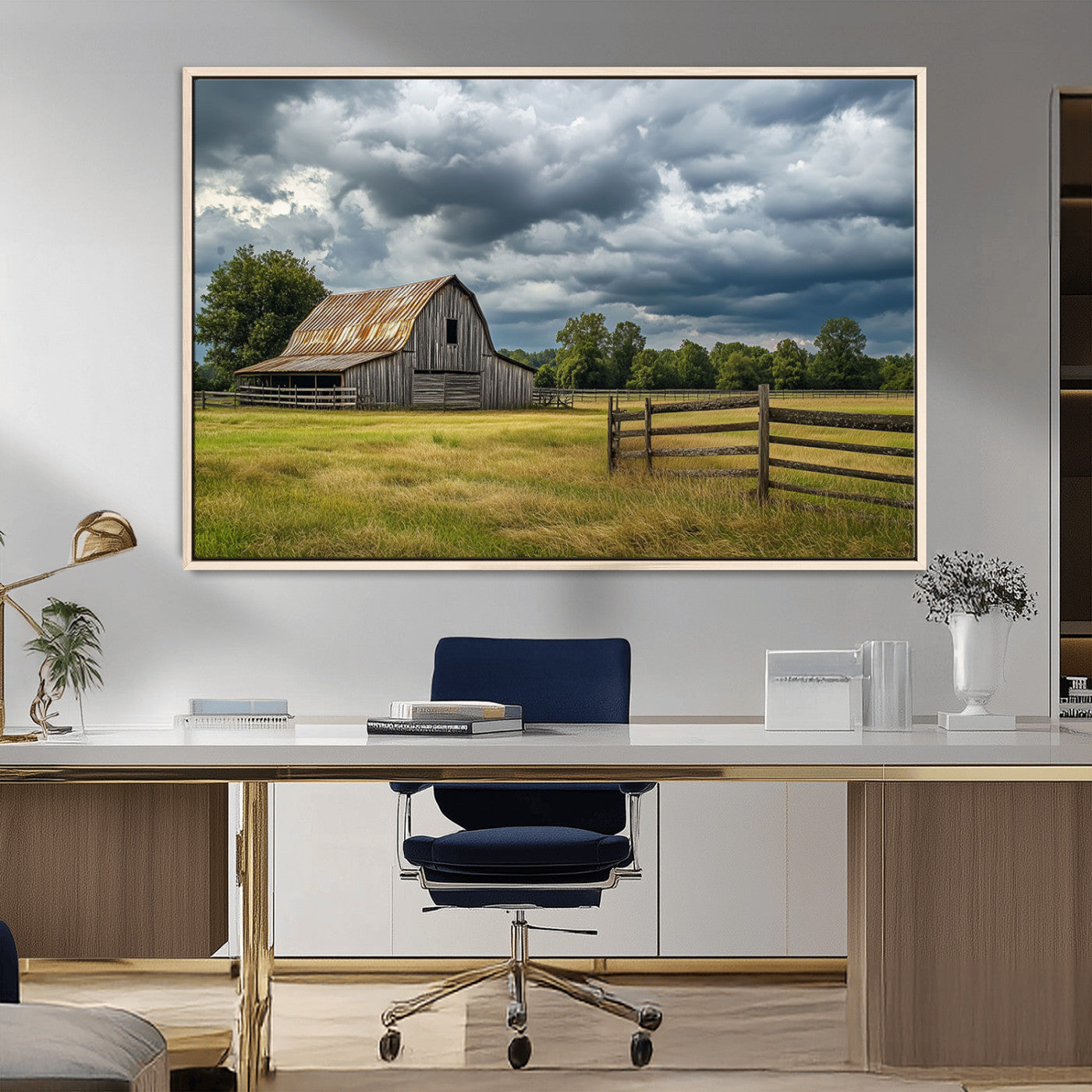 39409517-MGV-CV-36X24-Rustic Barn Wall Art – Weathered Farmhouse and Storm Clouds Canvas Print, Country Landscape Photography Decor for Bedroom, Living