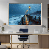 93793246-MGV-CV-36X24-Stormy Night Pier Canvas Wall Art – Moody Ocean Landscape with Lights, Blue Coastal Seascape Print for Bedroom, Living Room,