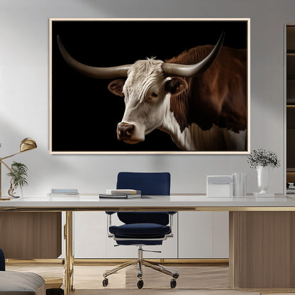 27414857-MGV-CV-36X24-Longhorn Bull Wall Art – Dramatic Western Steer Portrait Canvas Print, Rustic Farmhouse Animal Decor for Living Room, Office, or