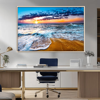24077769-MGV-FC-36X24_Natural-Sunset Beach Wall Art – Ocean Waves Canvas Print, Golden Shoreline Photography Coastal Decor for Living Room, Bedroom, Office,