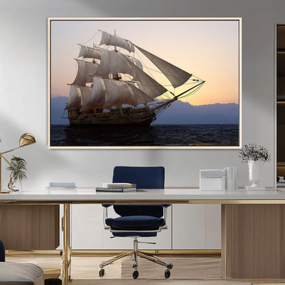 99957679-MGV-FC-36X24_Natural-Majestic Sailing Ship Wall Art – Sunset Ocean Voyage, Classic Tall Ship with Wind Filled Sails Canvas Print for Home, Office,