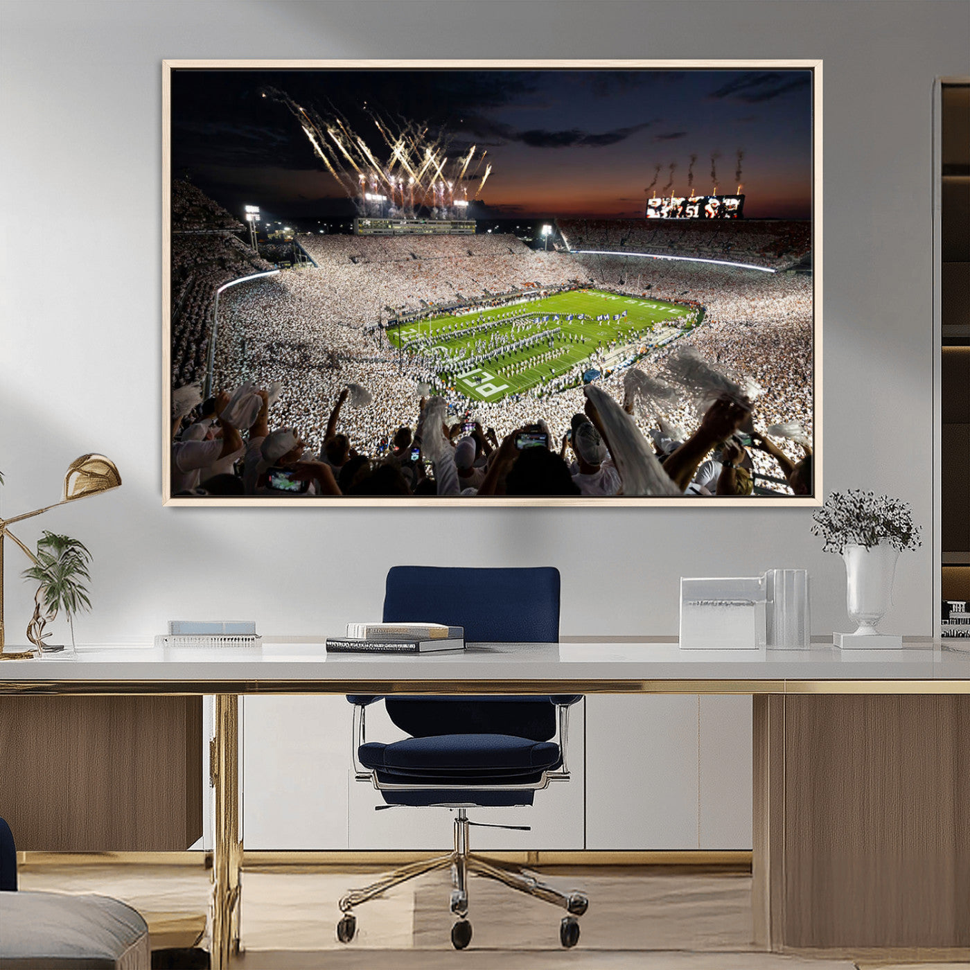 11221988-MGV-CV-36X24-Football Stadium Wall Art – Game Day Crowd with Fireworks, Sports Fan Photography Print, Stadium Decor for Man Cave, Bar, or