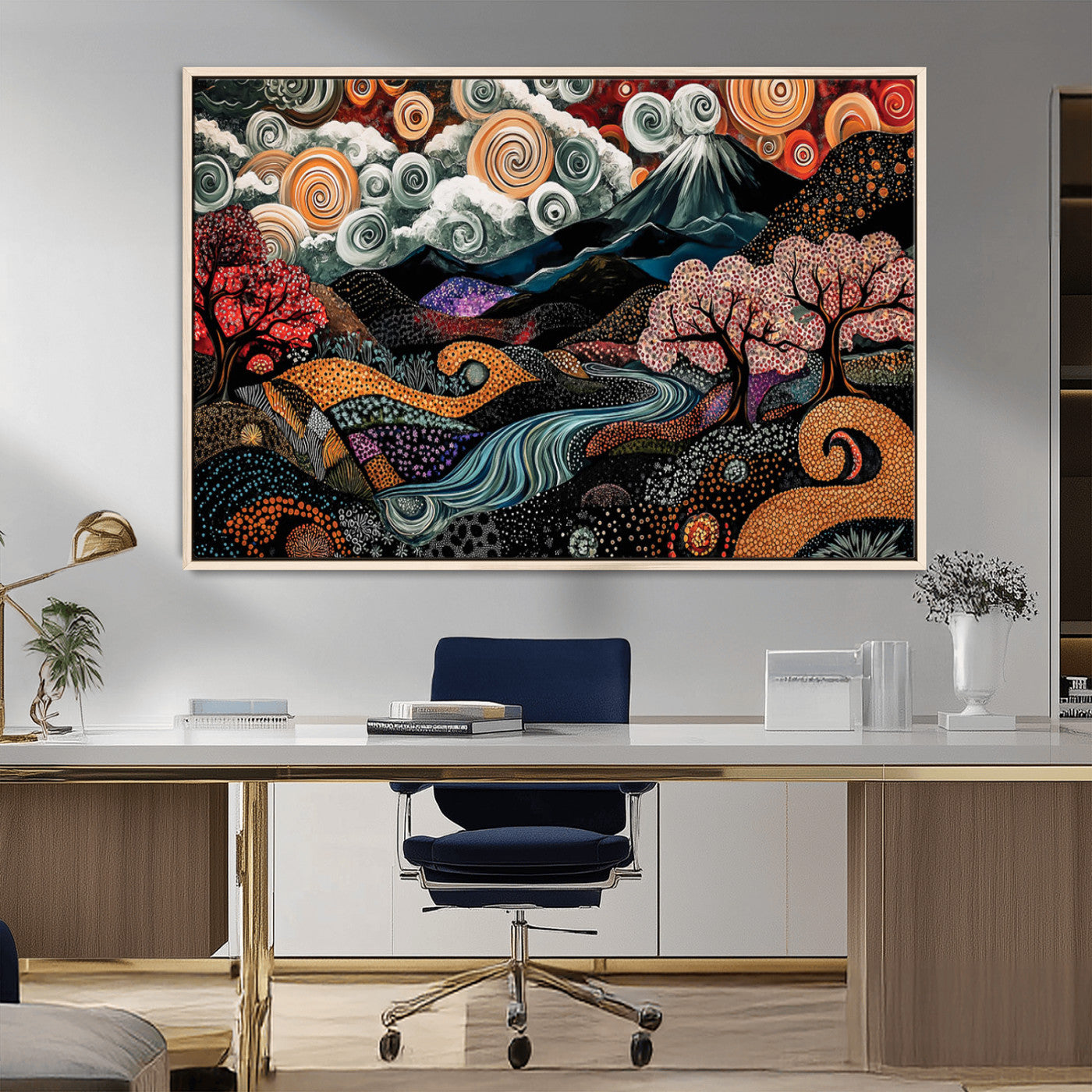 12680299-MGV-CV-36X24-Abstract Landscape Wall Art – Whimsical Swirling Sky Mountain Print with Cherry Blossoms and Colorful Dreamlike Nature Artwork for